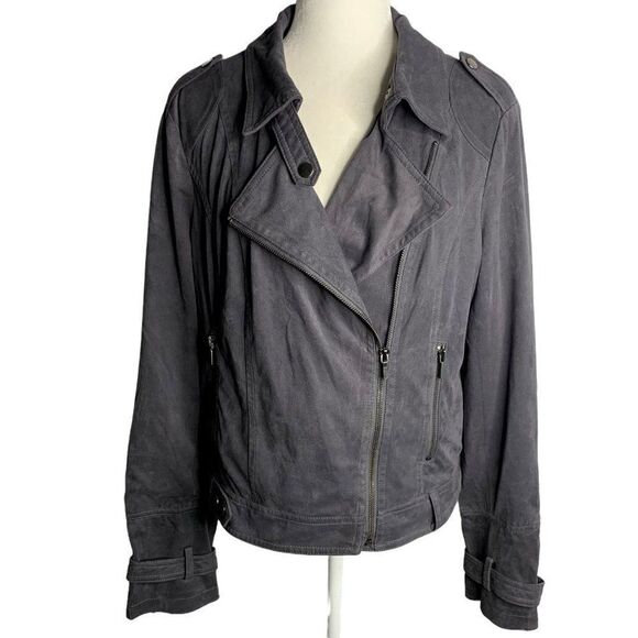 BNCI Blanc Noir Faux Suede Moto Jacket L Grey Asymmetrical Zipper Pockets Lined - Picture 1 of 6